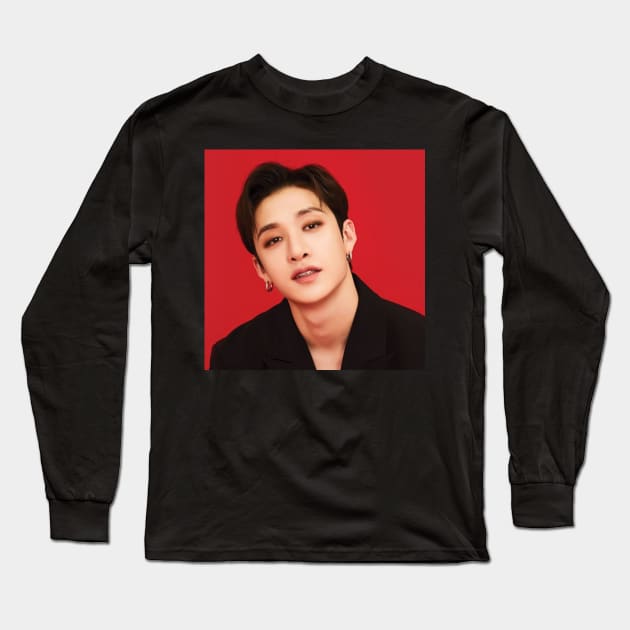 Kpop Stray Kids Bangchan Red Background Long Sleeve T-Shirt by StarBunnyDesigns